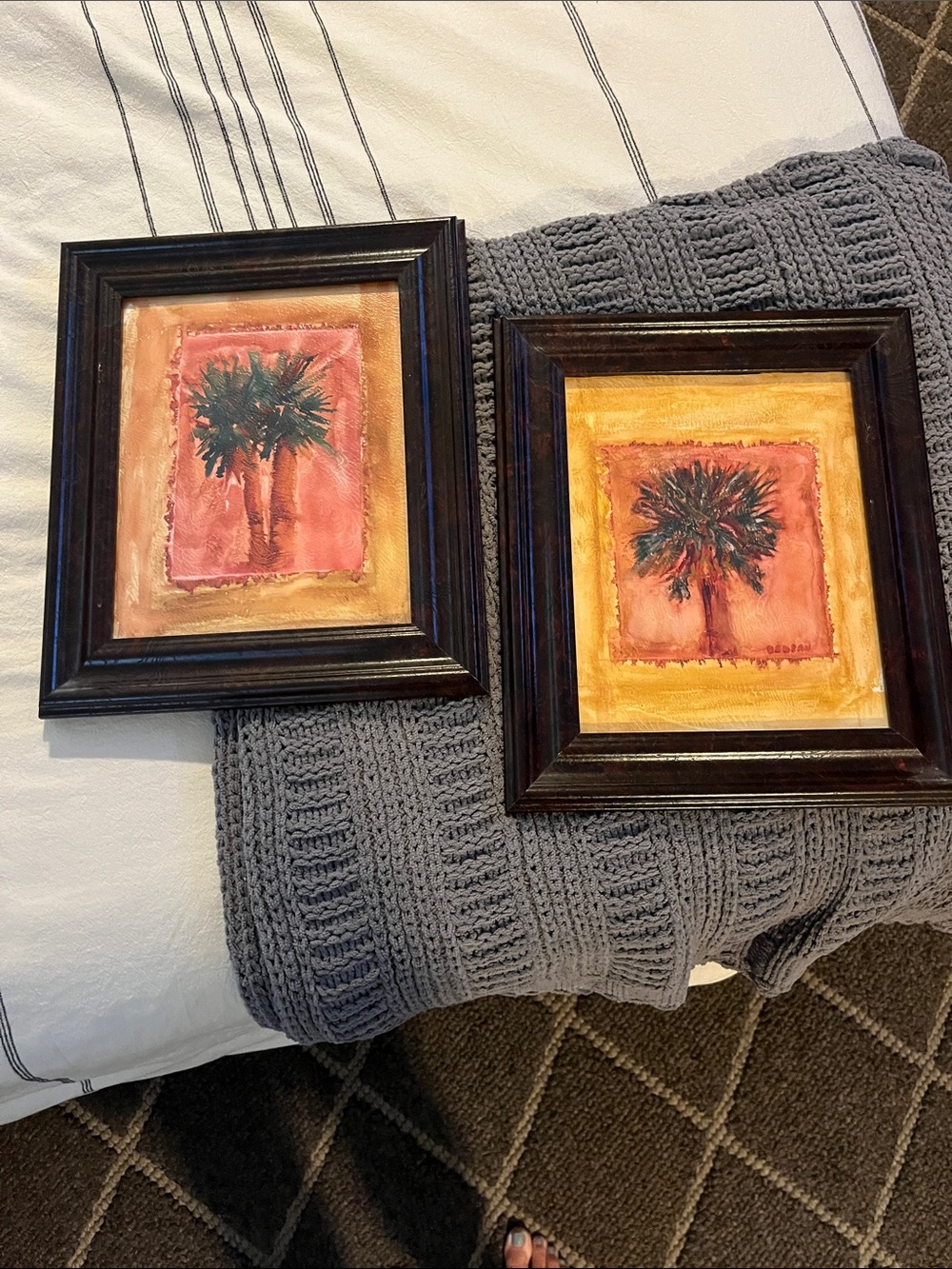 Pair of Framed Palm Tree Watercolor Prints in Coral and Gold Tones
